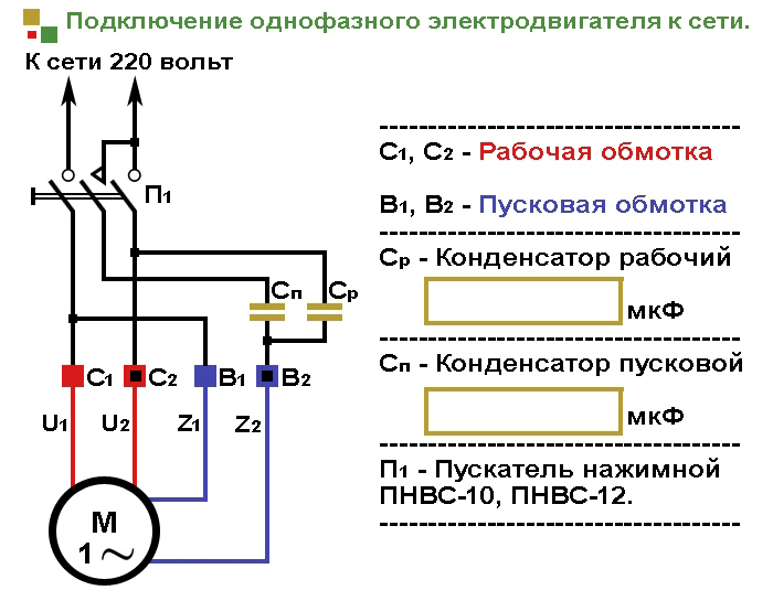 Подключение однофазного электродвигателя к нажимному пускателю ПНВС.